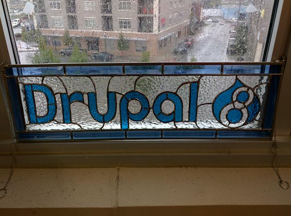 Drupal 8 logo in stained glass on window