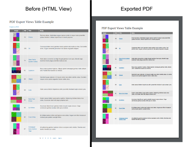 Views Table exported with PDF Export module using Bartik theme including the print css file