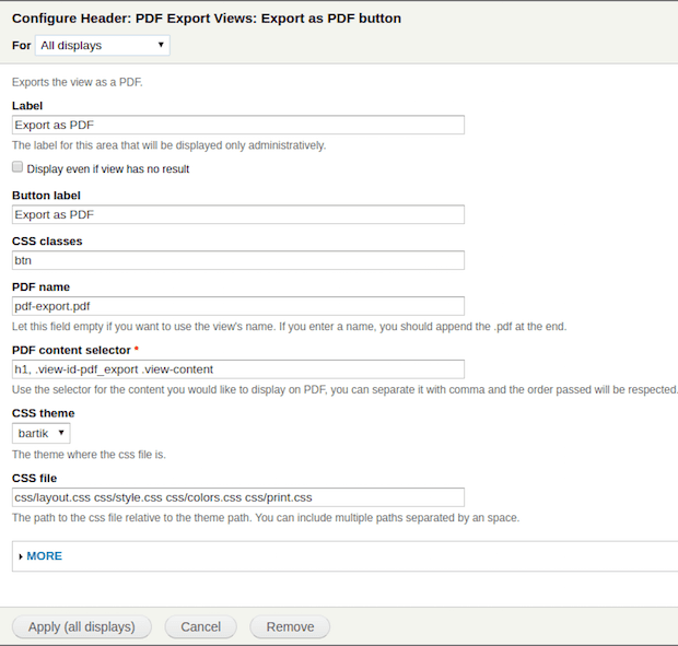 Configuration form of the Views area plugin